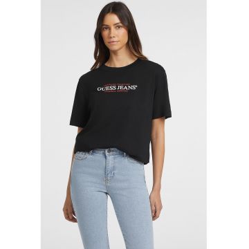 Tricou cu imprimeu logo si decolteu la baza gatului
