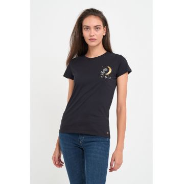 Tricou dama cu detalii imprimeu grafic -  Negru