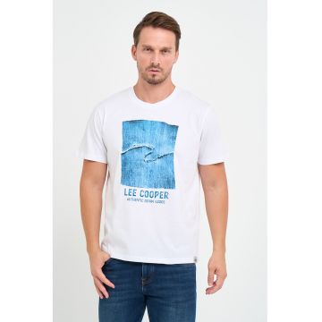 Tricou barbat cu imprimeu grafic si logo -  Alb
