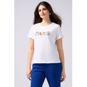 Tricou de bumbac cu text cu margele