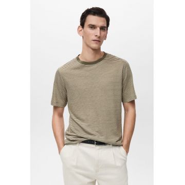 Tricou slim fit din amestec de in cu model in dungi