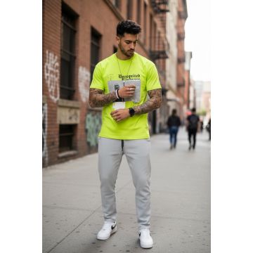 Tricou barbati galben neon  cu imprimeu  slim  Y205 20-4.1