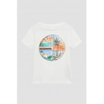 Tricou cu decolteu rotund si imprimeu tropical