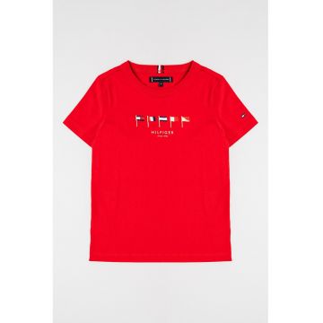Tricou cu imprimeu logo si decolteu la baza gatului
