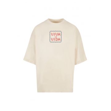 Tricou din bumbac cu decolteu la baza gatului si model grafic pe partea din spate