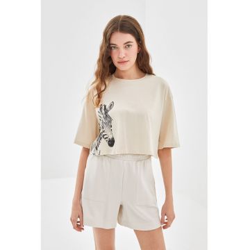 Tricou crop cu imprimeu