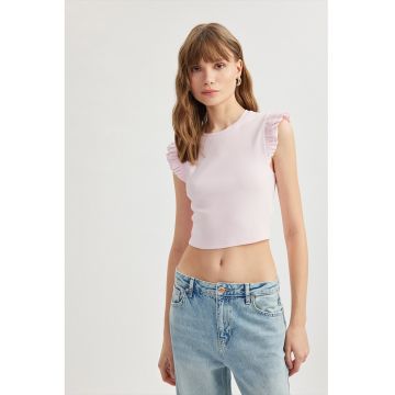 Tricou crop cu maneci cu volane