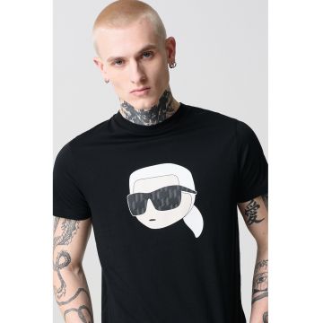 Tricou de bumbac cu decolteu la baza gatului si imprimeu logo