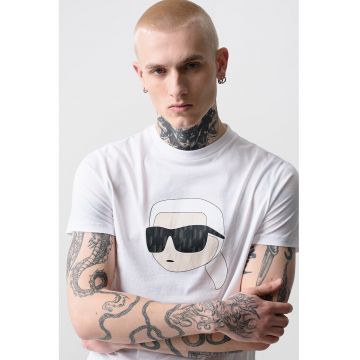 Tricou de bumbac cu decolteu la baza gatului si imprimeu logo