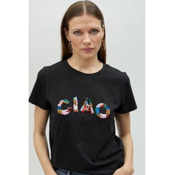 Tricou de bumbac cu text din strasuri