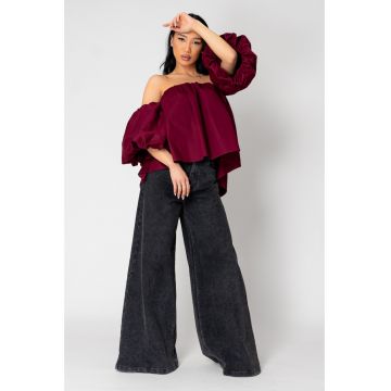 Top cu maneci bufante si umeri goi Burgundy 15528