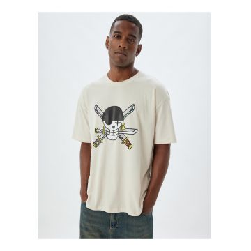 Tricou supradimensionat cu decolteu la baza gatului si imprimeu One Piece