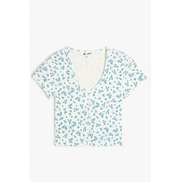 Tricou crop cu decolteu in V si nasturi