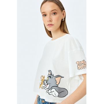 Tricou crop cu imprimeu cu Tom&Jerry