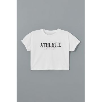 Tricou crop cu imprimeu text