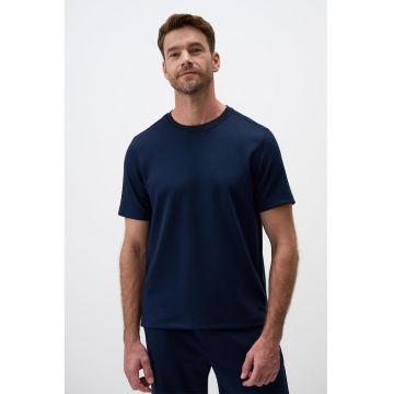 Tricou din amestec de modal cu decolteu la baza gatului - Bleumarin -