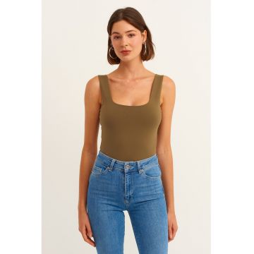 Top uni cu decolteu patrat - Kaki -