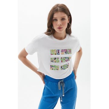Tricou crop lejer cu imprimeu - Alb -