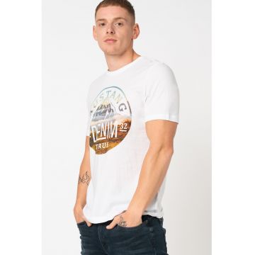 Tricou cu decolteu la baza gatului cu imprimeu logo si grafic Alexa 6