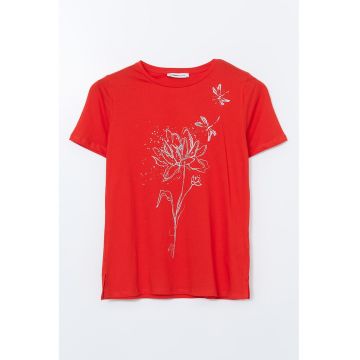 Tricou cu decolteu la baza gatului si imprimeu floral