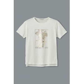 Tricou cu decolteu la baza gatului si imprimeu grafic