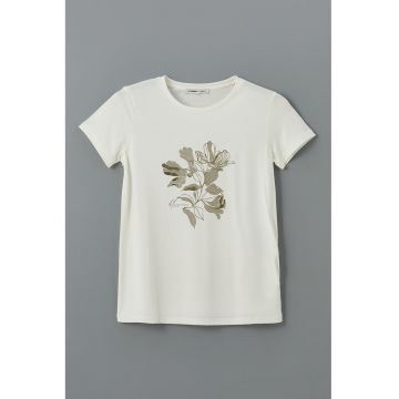 Tricou cu imprimeu floral si decolteu la baza gatului