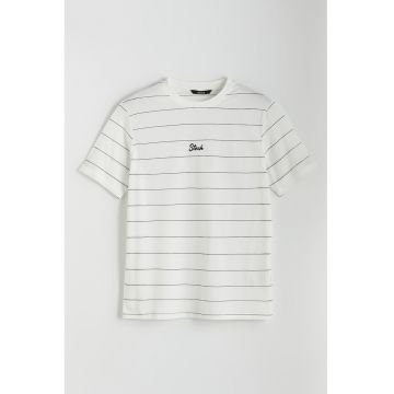 Tricou cu imprimeu text si model in dungi