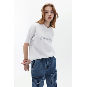 Tricou de bumbac cu aplicatii text - Alb -