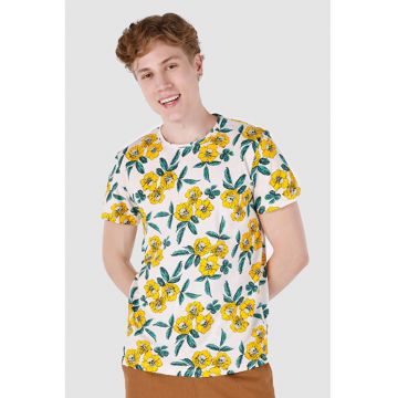 Tricou din bumbac cu decolteu la baza gatului si imprimeu floral