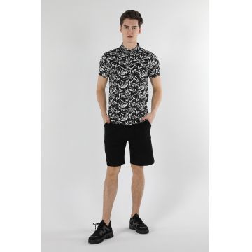 Tricou polo slim fit cu model vegetal