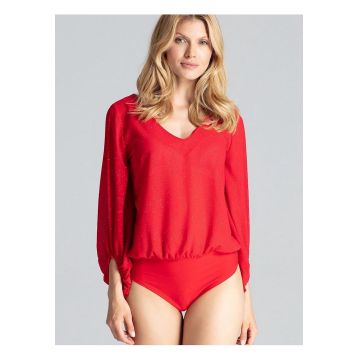 Body  rosu - lejer - usor transparent - cu maneci lungi - din brocart - viscoza -