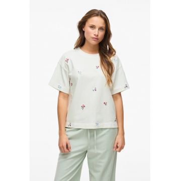 Tricou cu decolteu rotund si flori brodate