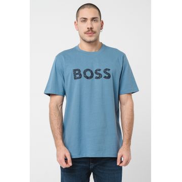 Tricou cu imprimeu logo si decolteu la baza gatului