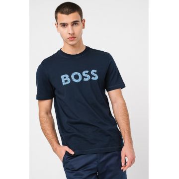 Tricou cu imprimeu logo si decolteu la baza gatului