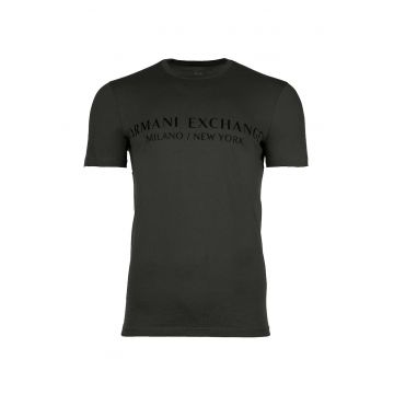 Tricou de bumbac cu decolteu la baza gatului si imprimeu logo