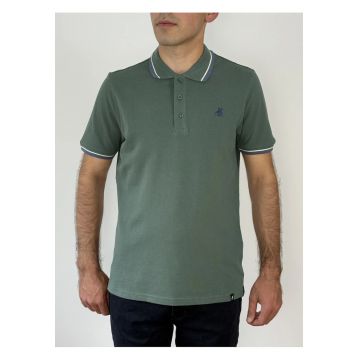 Tricou polo barbati cu logo brodat si detalii contrastante - Regular fit - Verde inchis -