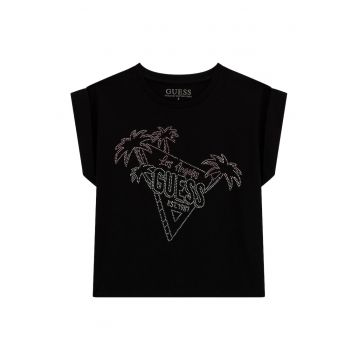 Tricou cu decolteu la baza gatului si aplicatii din strasuri