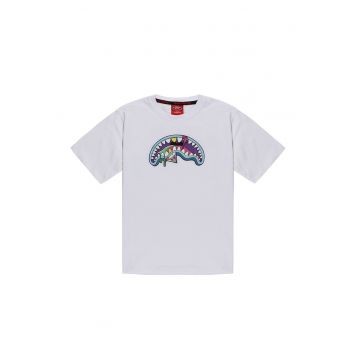 Tricou cu imprimeu grafic si decolteu la baza gatului