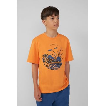 Tricou cu imprimeu grafic si decolteu la baza gatului