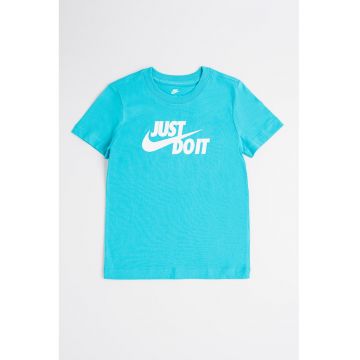 Tricou din bumbac cu decolteu la baza gatului si logo