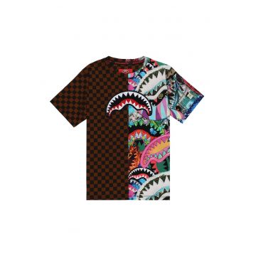 Tricou din bumbac cu imprimeu grafic si model in carouri