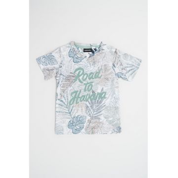 Tricou din bumbac cu model tropical si text