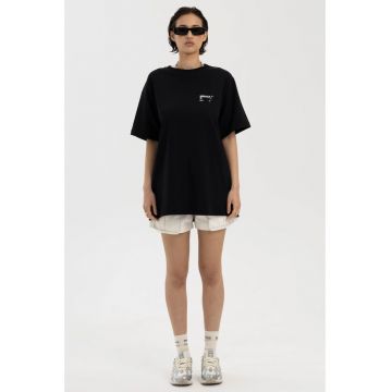 Tricou supradimensionat cu imprimeu text - Negru
