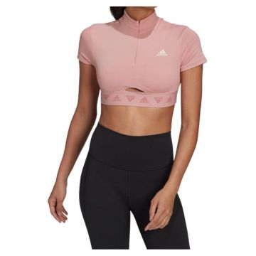 Tricou dama -  Crop Zip - roz - poliester reciclat/spandex -