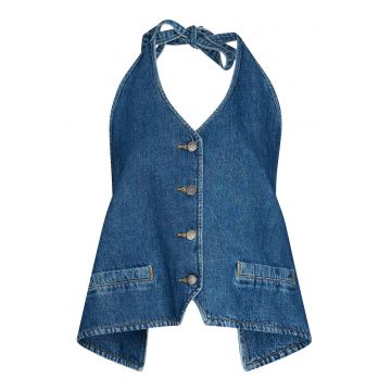 Top halter din denim cu decupaj adanc pe spate