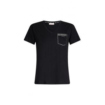 Tricou cu decolteu in V si buzunar fals cu strasuri
