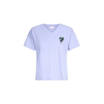 Tricou de bumbac cu decolteu in V si margele