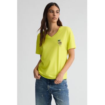 Tricou de bumbac cu decolteu in V si margele