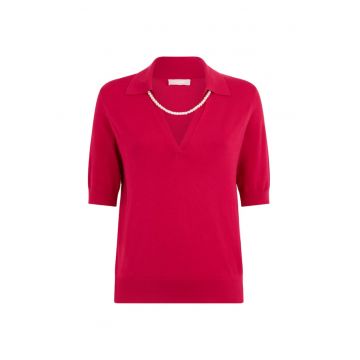 Tricou polo tricotat fin cu aplicatie cu colier