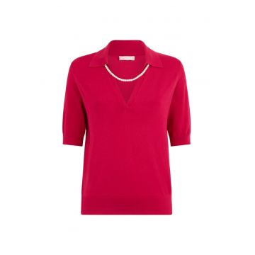 Tricou polo tricotat fin cu aplicatie cu colier